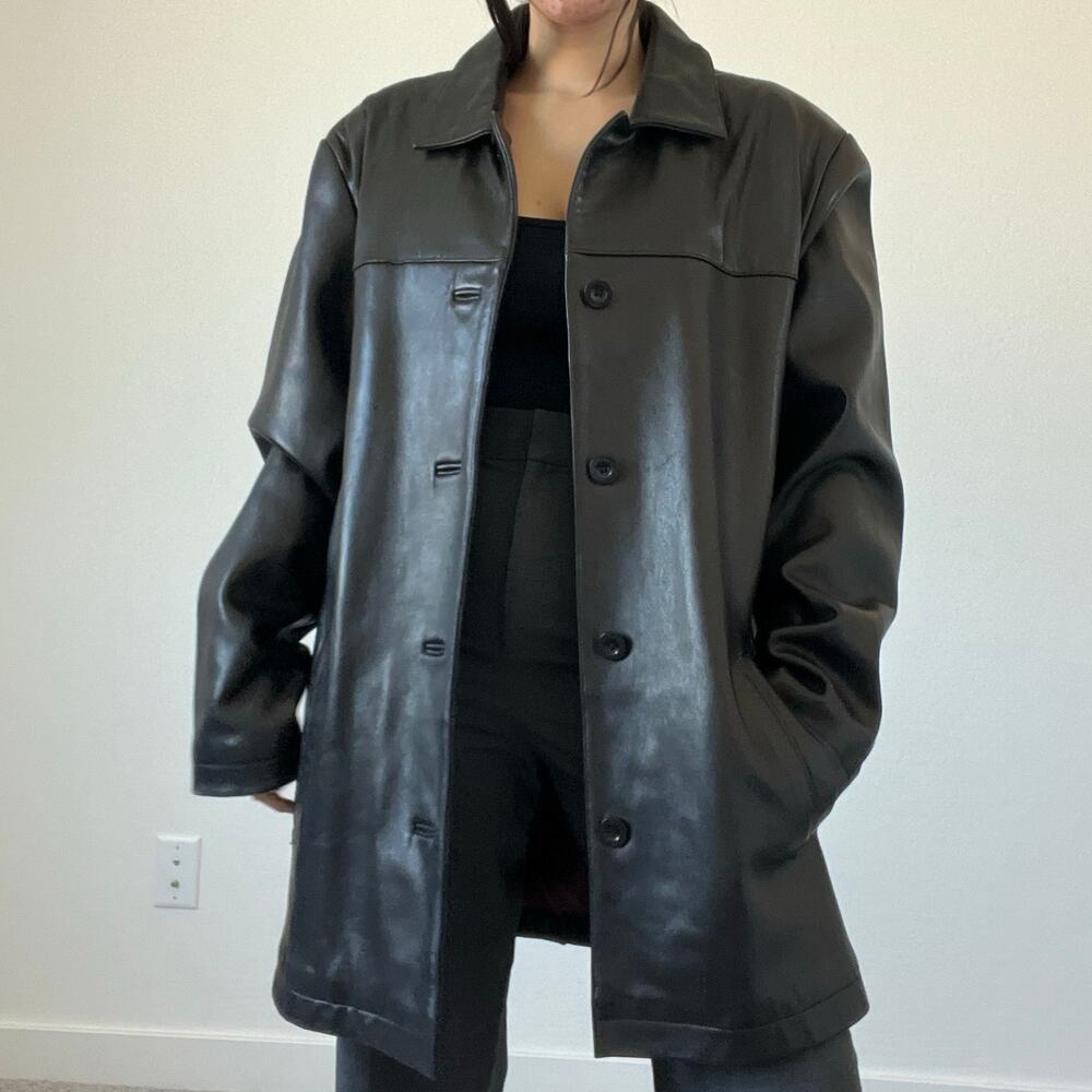 Apt. 9 Black‎ Leather Jacket M Oversized Button Front Longline Coat Minimalist